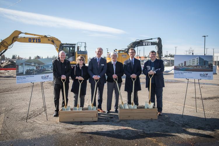 <p>Trish McKinley (resident), Naila Tabassum (Health Care Aide), Glenn McKinley (family member), Mike Conroy (president and CEO), Norma Jackson (Board Chair), Brenda Huband (Alberta Health Services), Deputy Mayor Jeff Davison, Leo Escandor (Administrator).</p>
